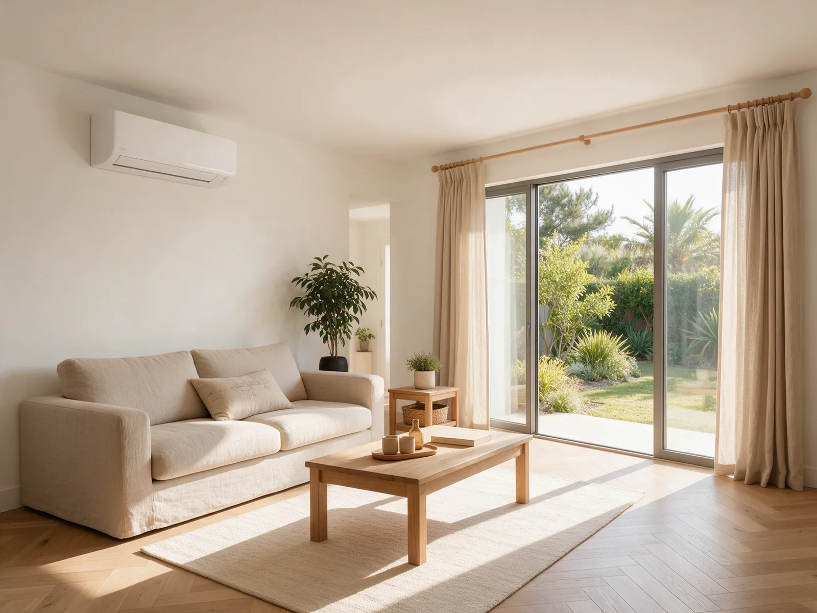Salon lumineux équipé d’une climatisation murale blanche. Image illustrative générée par IA, ne représentant pas une réalisation de CR Énergie 17.