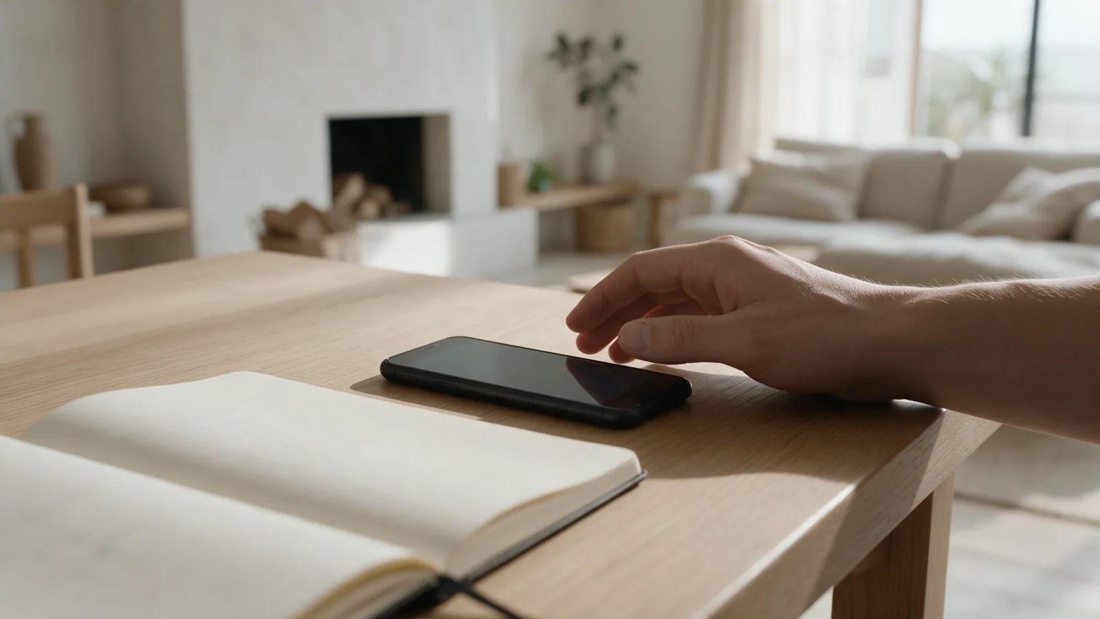 Main près d’un smartphone et d’un carnet ouvert sur une table en bois clair.