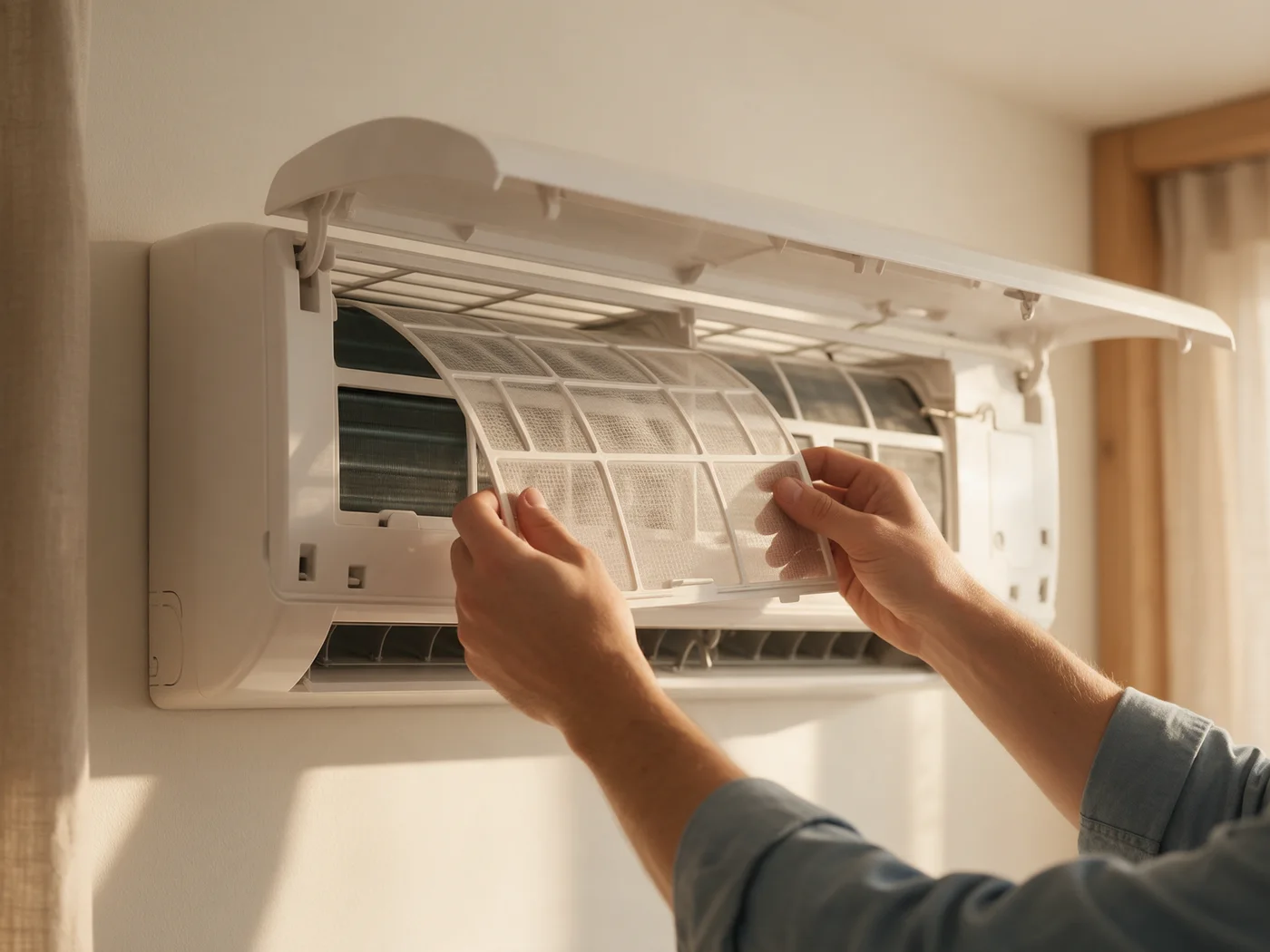 Inspection du filtre d’une unité intérieure de climatisation ouverte. Visuel illustratif généré par IA.
