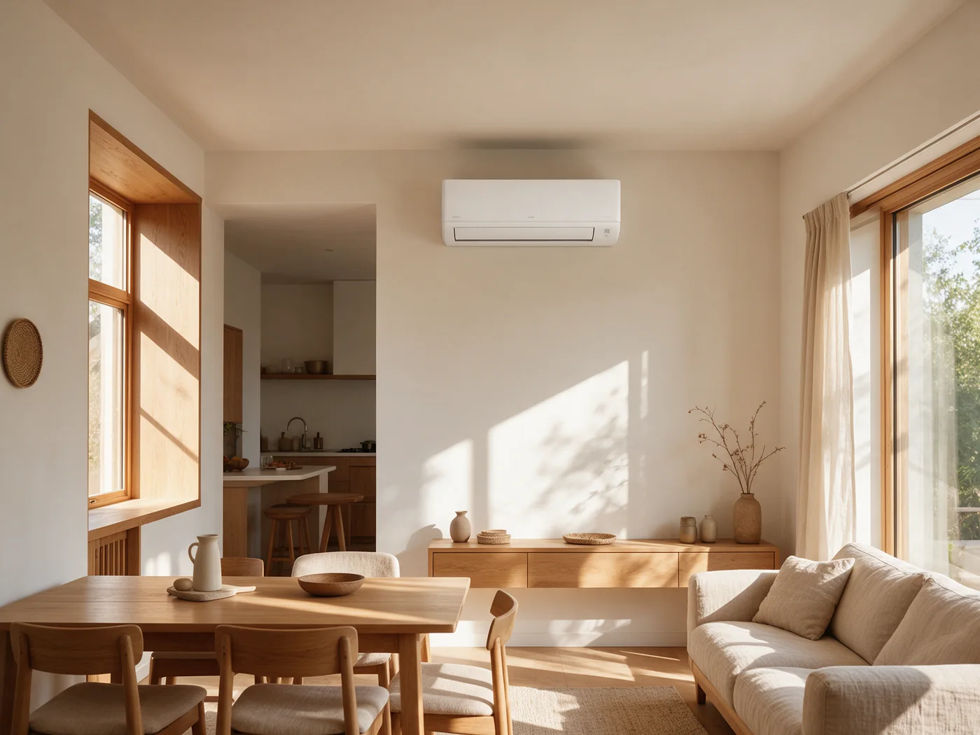 Climatisation murale intégrée à une pièce de vie lumineuse avec table en bois. Visuel illustratif généré par IA.